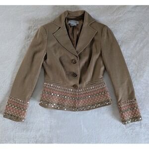 Kay Unger Tan w/ Pink Embroidery 3 Button Blazer Women's Sz 4 Sequined Old Money